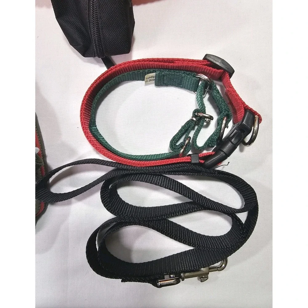 7 Piece Dog Lot Small/Large Breed Size 2 Leashes 3 Collars(1 New) Bag Holder Toy